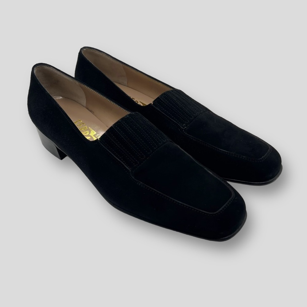 Salvatore Ferragamo Florence Black Suede Leather Pumps Heels Shoes